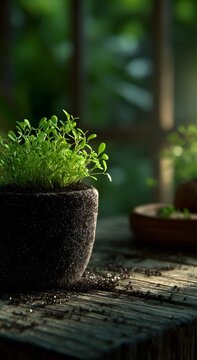 Growing greenery in soft morning light on a wooden table