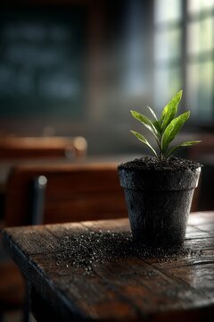 Plant growing in a classroom filled with soft light