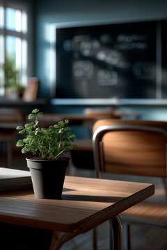Green plant enriches classroom atmosphere in sunlight
