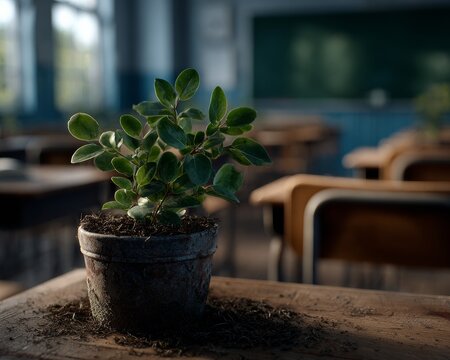 Green plant thriving in an empty classroom after lessons