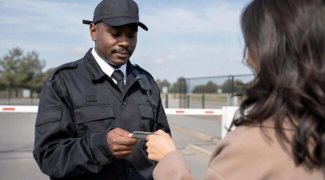 Security officer verifying ID card at gated entrance checkpoint