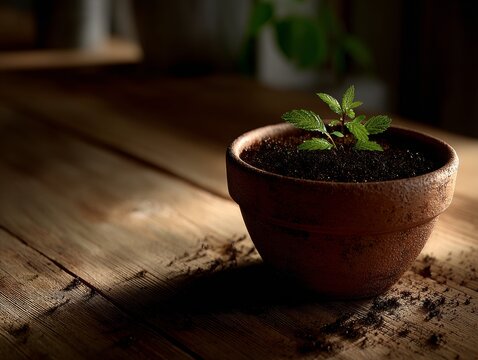 New life emerges from the pot in warm, soft light