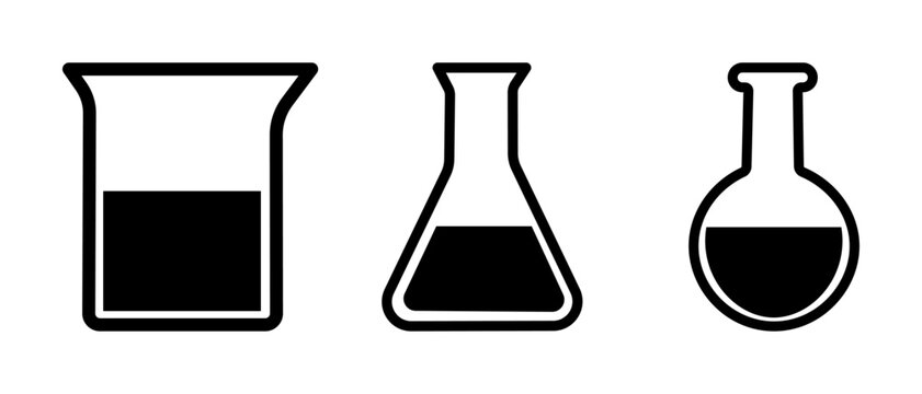 chemistry beaker icon set vector pack, line lab flask icons for science and experiment