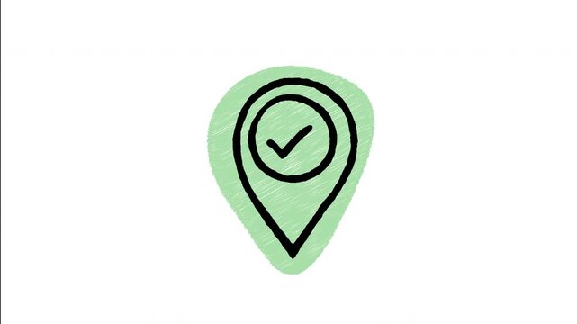 An animated hand-drawn map pin marker featuring a check mark. Great for GPS location arrival, travel check-ins, successful navigation, and place registration. 
