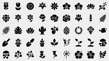 Fototapeta premium A diverse monochrome collection of floral icons and plant silhouettes illustrates a wide range of botanical elements and various garden design concepts