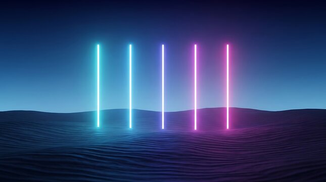 Five vertical glowing neon light bars standing in a dark, rippled desert landscape with a gradient blue sky background
