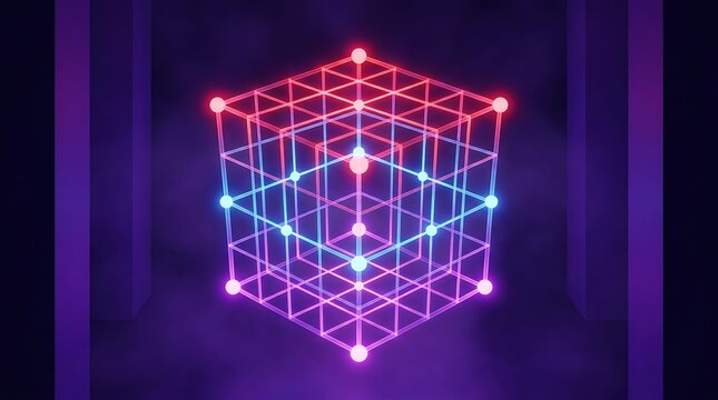 Glowing 3 d wireframe cube with intersecting neon lines and nodes, abstract geometric structure on a dark purple background