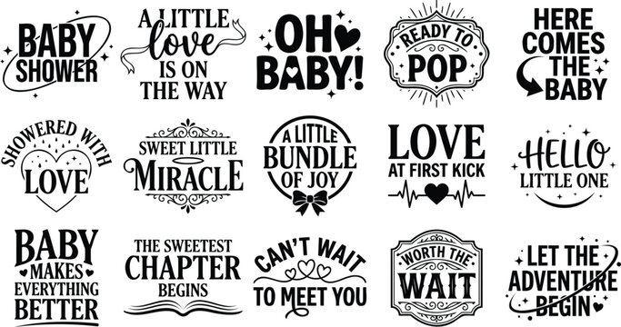 Collection of fifteen decorative baby shower typography designs featuring inspirational quotes and phrases for nursery decor and invitations
