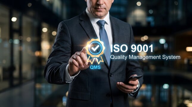 ISO 9001 quality management system concept with business professional presenting certified excellence, compliance, and operational standards