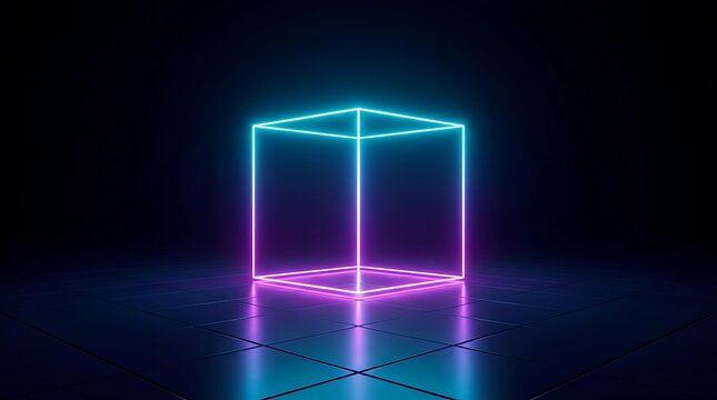 Glowing neon cube with cyan and magenta light edges, standing on a dark reflective tiled floor in a minimalist digital space