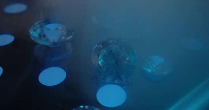 Abstract blue faceted diamonds floating on illuminated surface for dreamy jewelry wallpaper for laboratory mining factory.