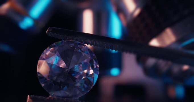 Laboratory scientist examining diamonds under microscope for research background and quality inspection, blue light.