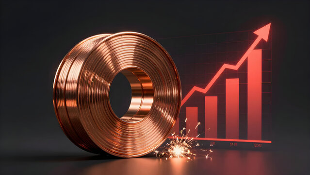 A copper industrial coil stands before a rising financial market chart with glowing red lines, set against a dark background.