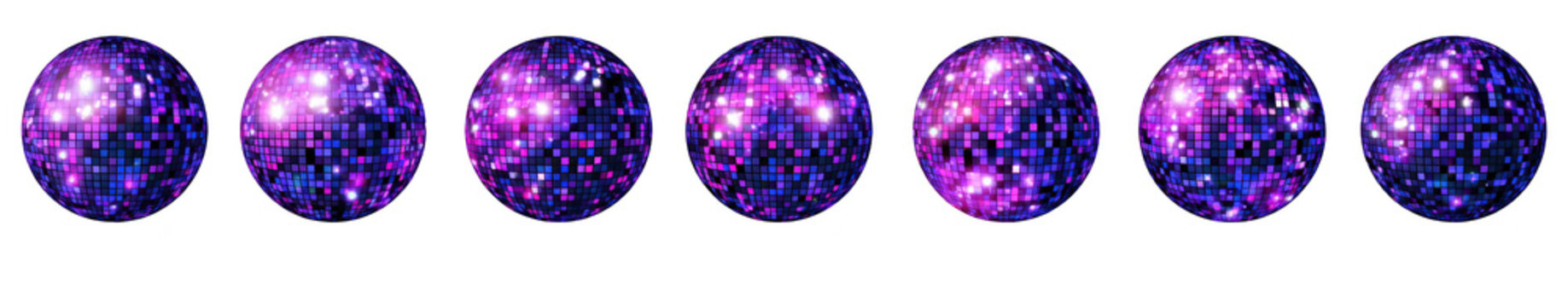 Seven purple disco balls arranged in a straight line on a clean white background