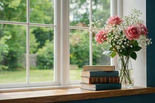 A stack of vintage books and a vase of pink roses on a sunny windowsill