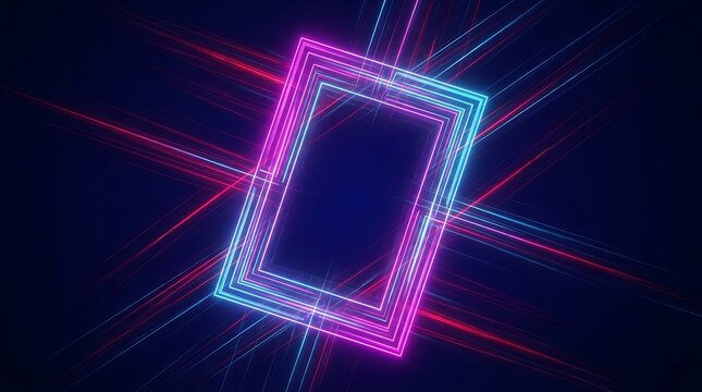 Rectangular neon frame with glowing pink and blue light streaks, radiating laser beams on a dark blue background, abstract digital light effect
