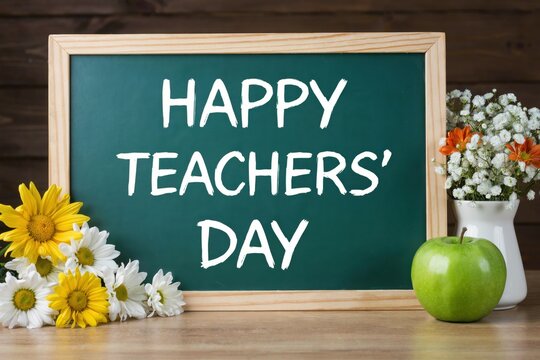 Happy teachers day chalkboard sign with flowers and a green apple
