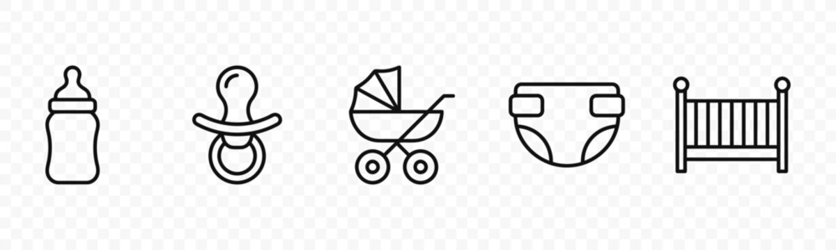 flat vector illustration line art icon bundle set design highlighting baby nursery bottles pacifiers and infant care items for professional parenting and childcare apps