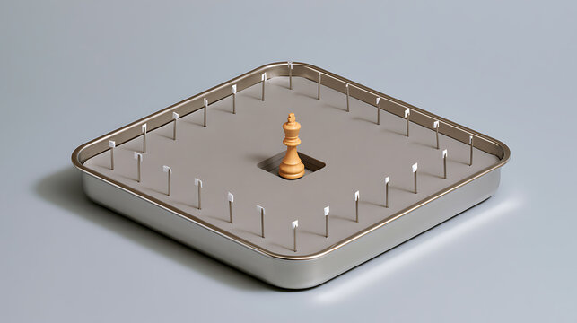 A wooden chess king piece trapped inside a metal container surrounded by small flags on pins representing isolation, strategy, and border