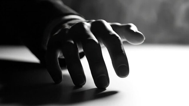 Dramatic black and white close-up of a hand reaching out in distress with smoke in background