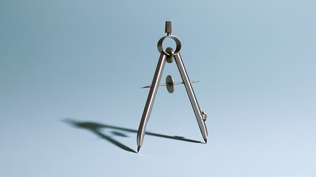 Metal drafting compass isolated on a clean light blue background with sharp shadow detail, professional studio lighting, horizontal view