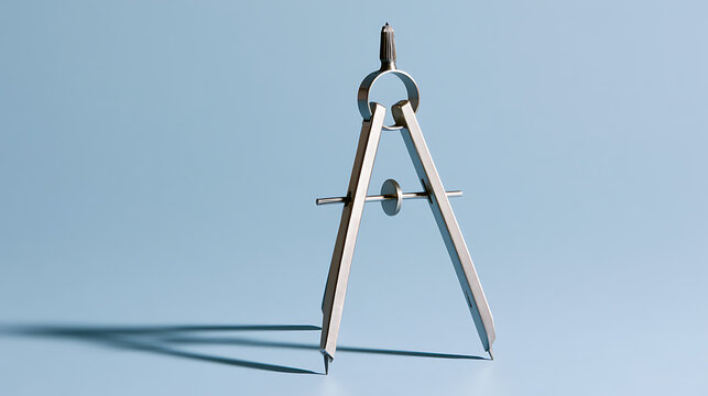 Metal drafting compass tool for geometry and technical drawing on a solid blue studio background with soft natural shadow cast on surface