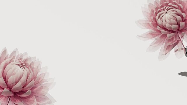 Translucent pink chrysanthemum flowers blooming in corners with copy space, minimalist x-ray style digital nature on light gray background