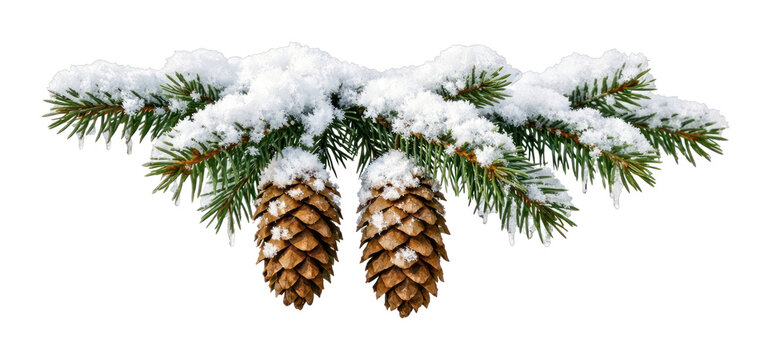 PNG Snow covered pine branch with hanging pine cones on white