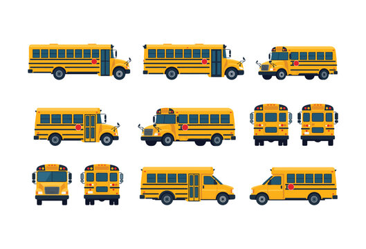 Yellow school buses shown from multiple distinct angles featuring various sizes and configurations in a comprehensive flat vector graphic illustration set for educational design projects displayed 