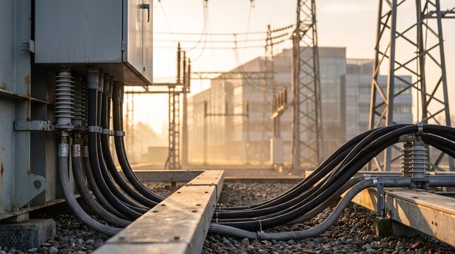 Industrial high voltage electrical cables connected to a transformer at a power station