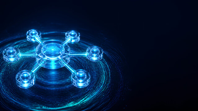 Glass hub and spoke network node glowing blue light swirl background connection distribution technology data cluster system