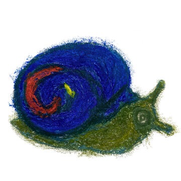 Stylized oil pastel drawing of a colorful snail isolated on a white background