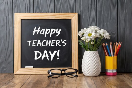Happy teachers day greeting with chalkboard, flowers, glasses, and pencils on wooden desk