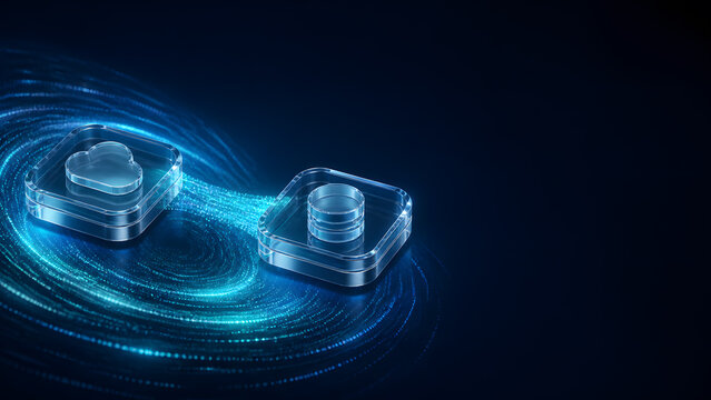 Glass square icon display cloud symbol and database stack connected through streaming particle flow design