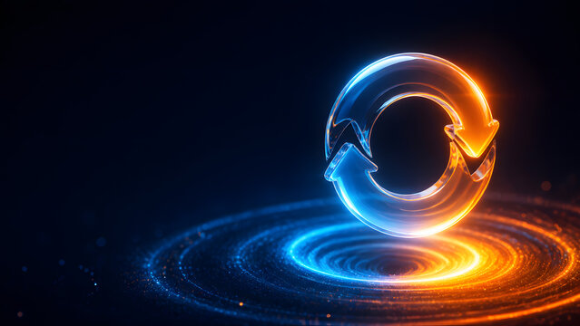 Glass circular arrow rotate continuously showing recycle refresh and synchronization process in blue orange tone