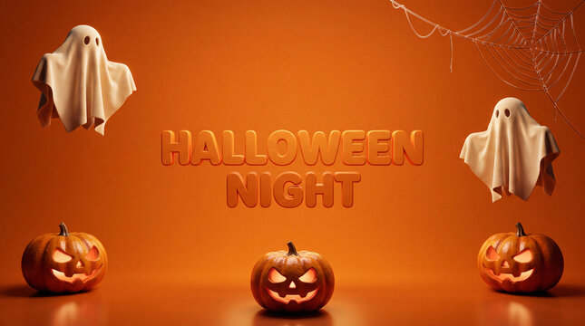 Halloween Night festive banner with spooky floating ghosts and carved jack-o-lantern pumpkins, orange holiday background with 3D text and spider webs, seasonal party invitation backdrop