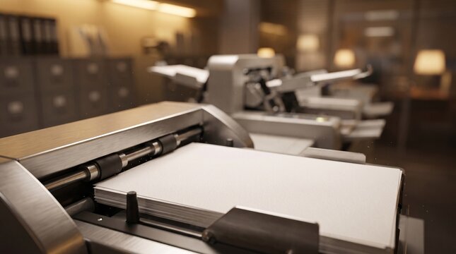 Industrial paper folding machine processing blank documents in a professional print shop