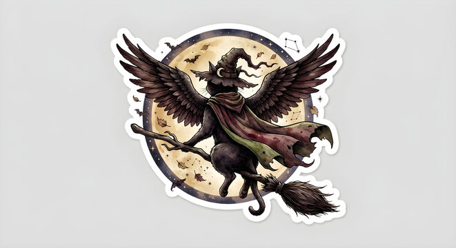 Halloween witch black cat with wings riding a broomstick sticker design