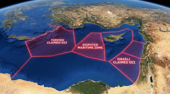 Satellite map showing disputed maritime zones, exclusive economic zones, territorial claims