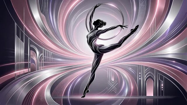 Gymnast woman performs rhythmic gymnastics with a hoop on abstract background. Athlete demonstrates artistic movement in a futuristic digital light environment.
