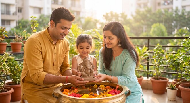Eco-Friendly Ganesh Visarjan: Indian Family Immersing Clay Idol at Home Balcony