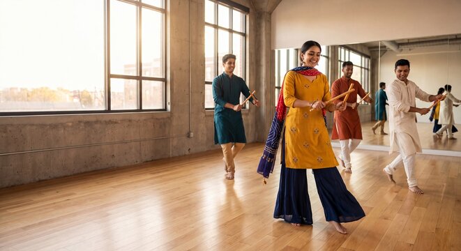 Modern Indian Youth Practicing Garba Dance in Urban Studio for Navratri Rehearsal
