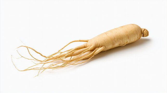 A single fresh ginseng root with multiple long, thin offshoots on a white background.