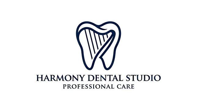 Dental clinic logo with tooth and harp string icon.