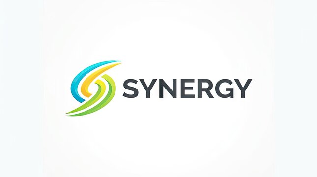 Dynamic abstract synergy logo with green yellow swirls.