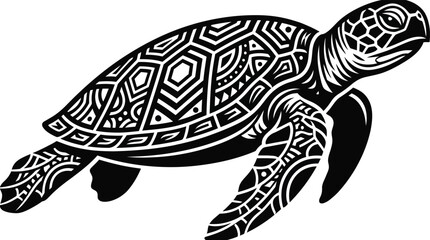 Fototapeta premium Black and white sea turtle illustration with tribal pattern design isolated on a transparent background
