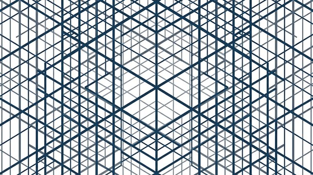 Abstract geometric line pattern with intersecting blue and gray lines forming a complex modern structure. Futuristic architectural background with repeating perspective and symmetry