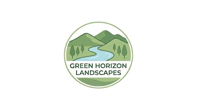 Green nature landscape logo with hills and river.