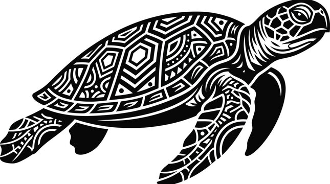 Black and white sea turtle illustration with tribal pattern design isolated on a transparent background