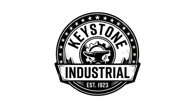 Industrial anvil badge logo for manufacturing.